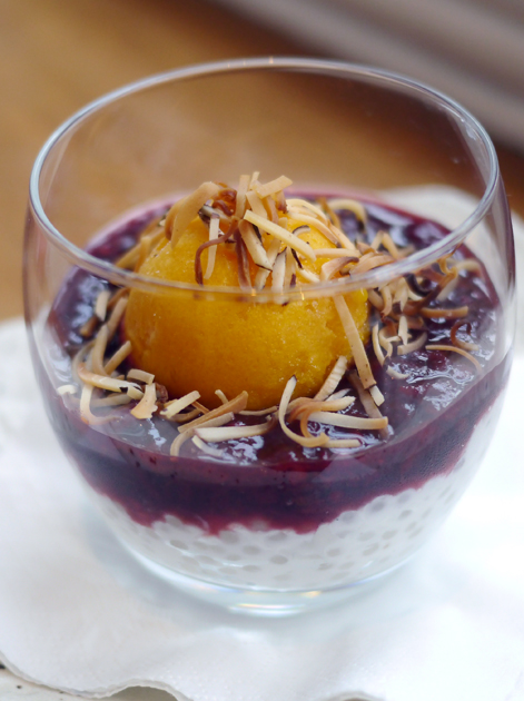 coconut tapioca with mango sorbet and compote at the tapa room