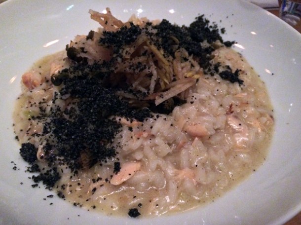 hot smoked salmon and confit garlic risotto at the tapa room