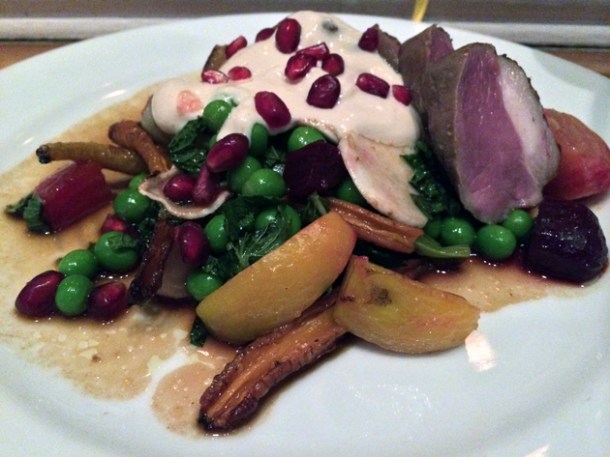 smoked lamb with pomegranate yoghurt and baby vegetables at the tapa room