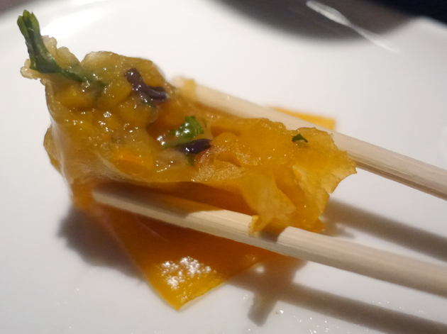 crystal dumpling wrap with pumpkin and peanut filling at yauatcha