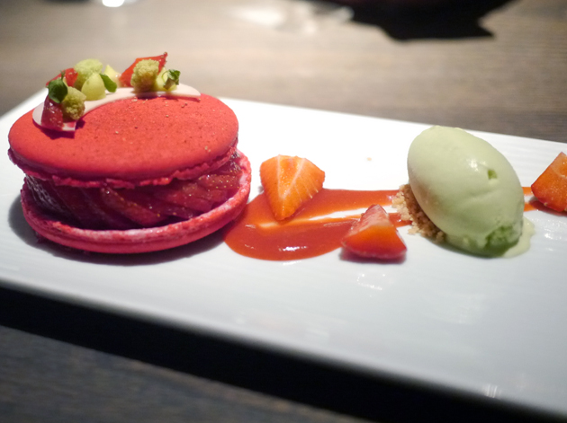 big strawberry macaron with pandan ice cream at yauatcha