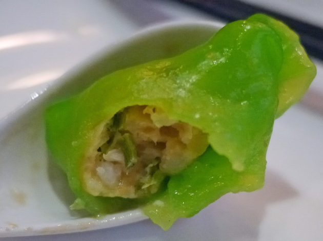inside spinach dumplings at new china