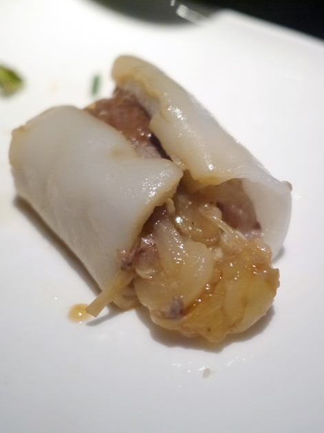 slice of beef and enoki cheung fun at yauatcha