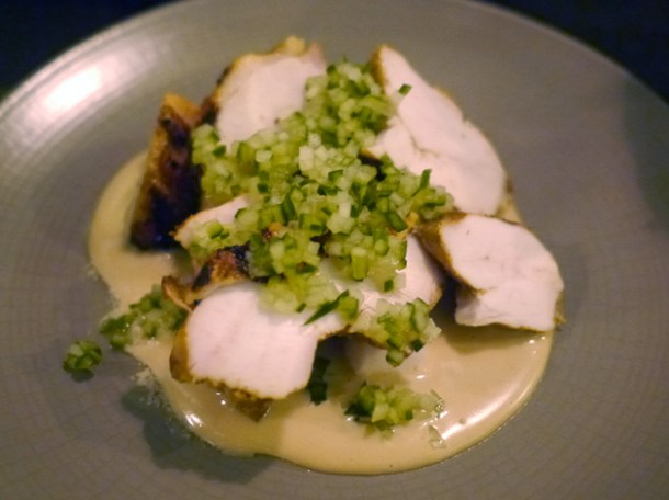 chargrilled chicken and cucumber in peanut sauce at tredwells