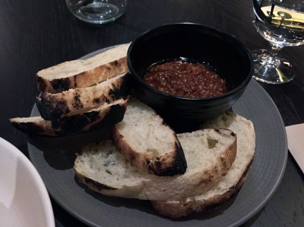 charred bread with chorizo jam at tredwells