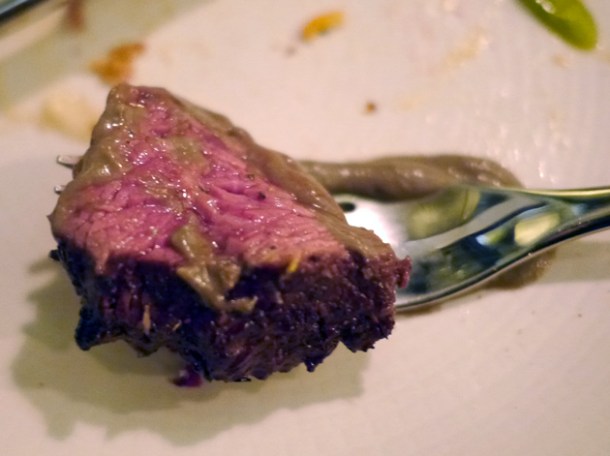slice of beef onglet steak at tredwells