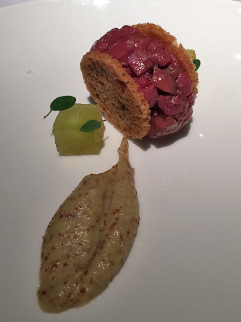 duck tartare sandwich with mustard and apple at pipero al rex