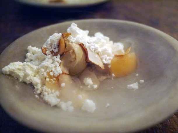liquid nitrogen artichoke ice cream with smashed craime fraiche and poached quince at the manor clapham