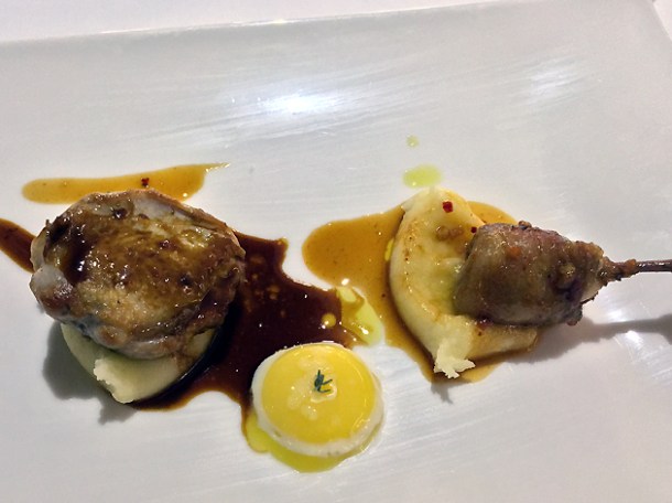 quail with poached quail egg and mashed potato at all'oro rome
