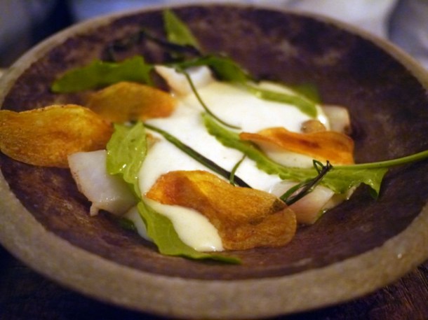 smoked pollock with cream, crisps and sorrel at the manor clapham