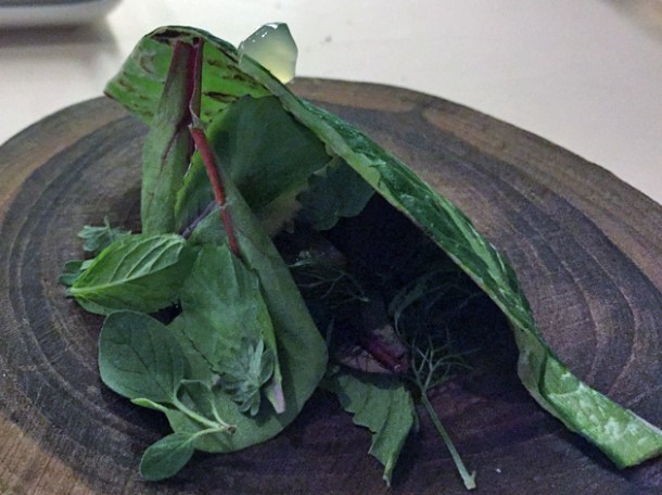 tuna with bitter herbs and mint wrapped in leaf at metamorfosi