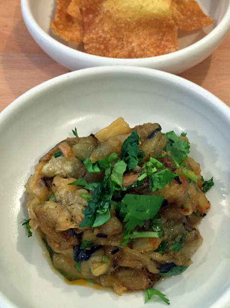 aubergine and won ton crisps at bao soho