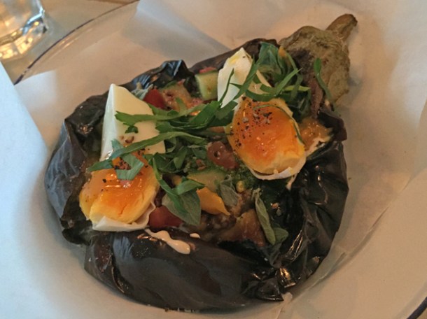 aubergine with egg, tomatoes and cucumbers at berber & q