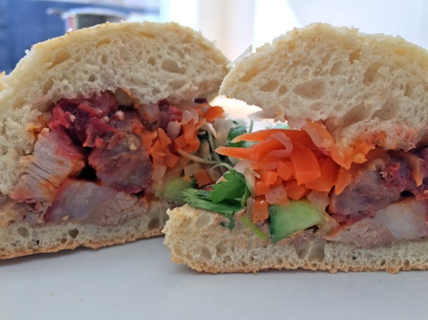 honey caramelised pork banh mi at carrots and daikon