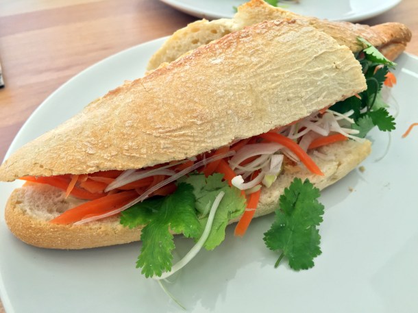 lemongrass chicken banh mi at carrots and daikon