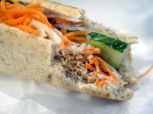 shredded pork banh mi at viet baguette