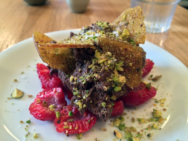 chocolate mousse with raspberries and pralines at oldroyd