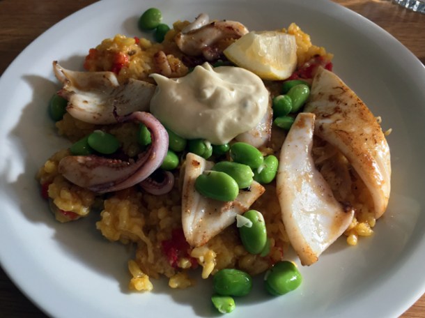 squid, confit duck and broad bean paella at oldroyd