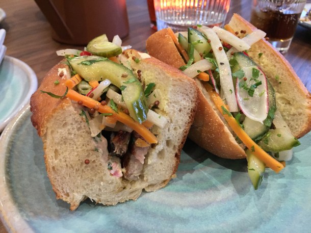 grilled pork belly and duck liver parfait banh mi at leicester house