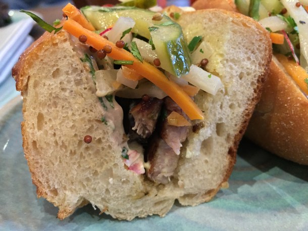 grilled pork belly and duck liver parfait vietnamese sandwich at leicester house