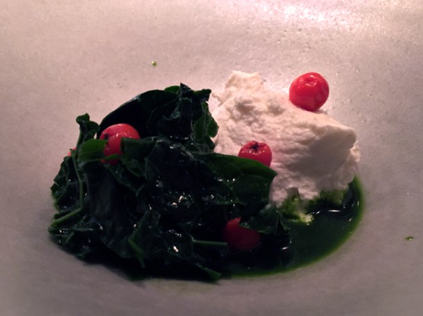 black kale and goat's cheese with rowan berries at nobelhart and schmutzig