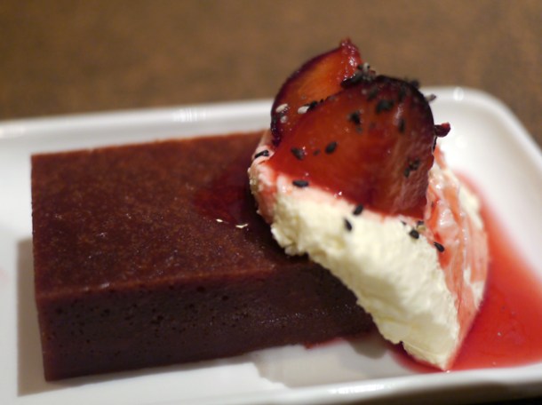 plum jelly dessert with white peach cream at nanban brixton