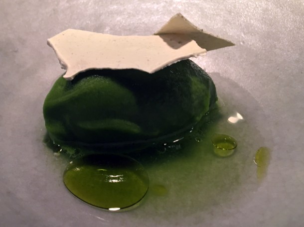 sorrel sorbet with meringue in dill blossom soup at nobelhart and schmutzig