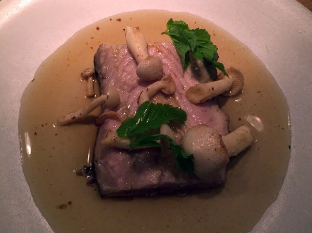 sturgeon with mushrooms in chicken stock at nobelhart and schmutzig