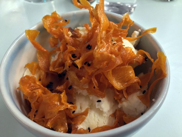 ginger ice cream, miso caramel, sweet potato crisps and black sesame seeds at jidori dalston