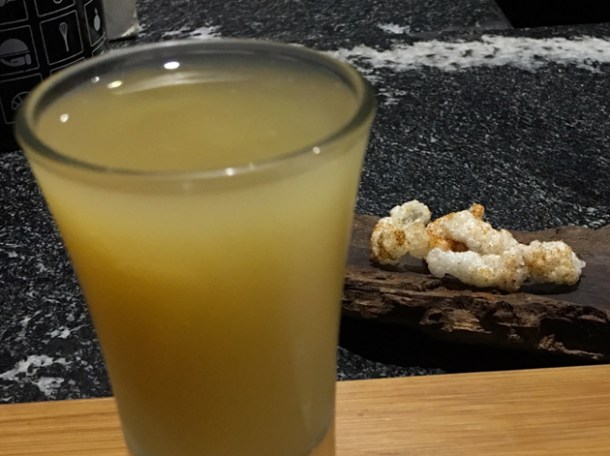 peach shot with worms rice crackers at benazuza