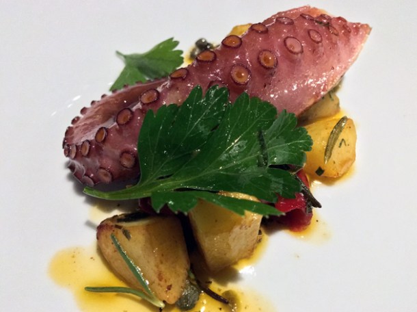 grilled octopus with pepper, caper and parsley sauce at osteria barbican