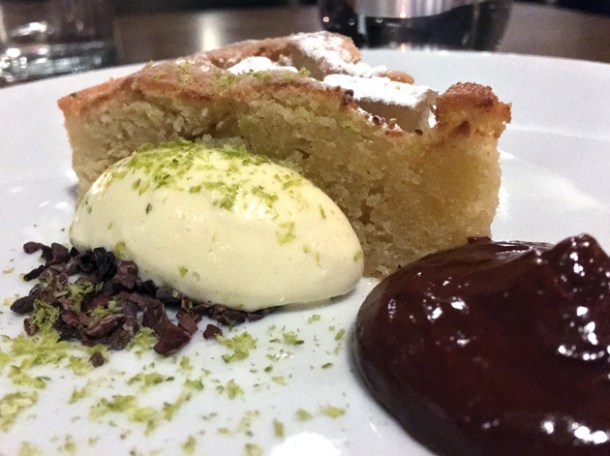 pear and almond tart with chocolate at osteria barbican