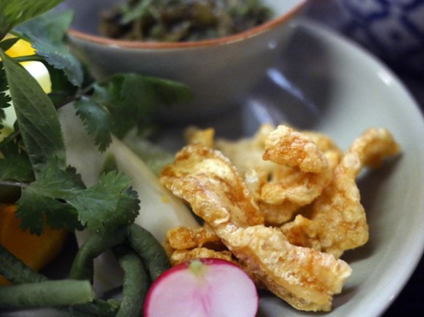 ginger and shrimp paste relish pork scratchings at som saa commercial street