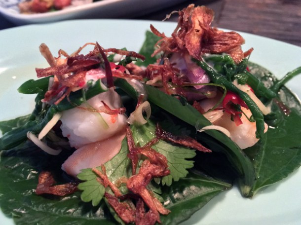 prawn and samphire salad with crispy shallots on betel leaf at som saa