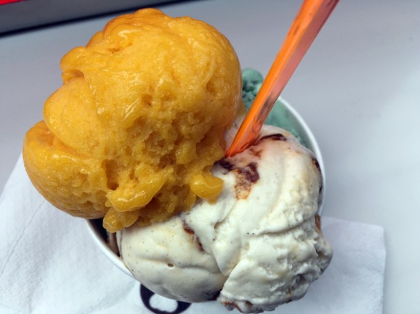mango sorbet and creme brulee gelato from wafflemeister westfield stratford