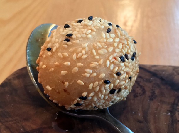 foie gras sticky sesame dumpling at a wong