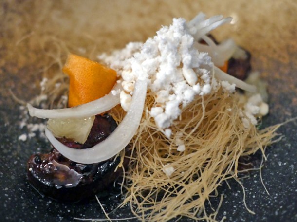 foie gras with candied pork and pomelo at a wong