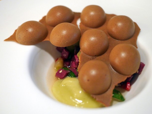 hong kong egg waffle with smoked duck at a wong