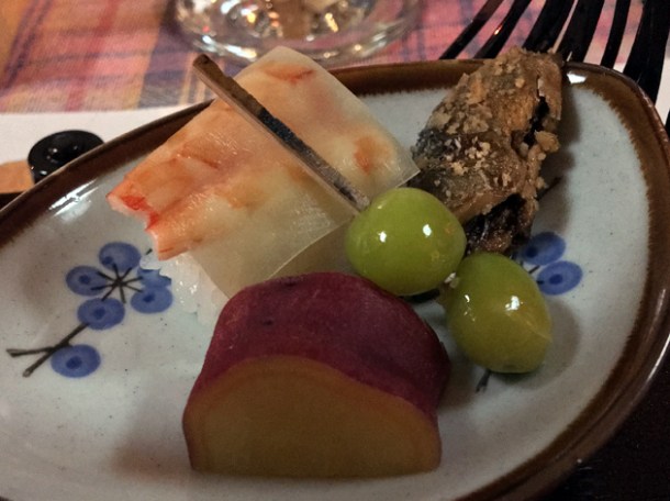prawn nigiri fried fish gingko nut and fruit at minshuku tsugizakura