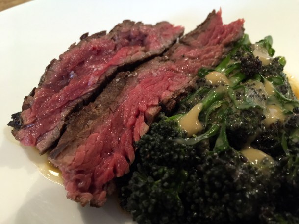 beef flank, purple sprouting broccoli and anchovy puree at lyle's