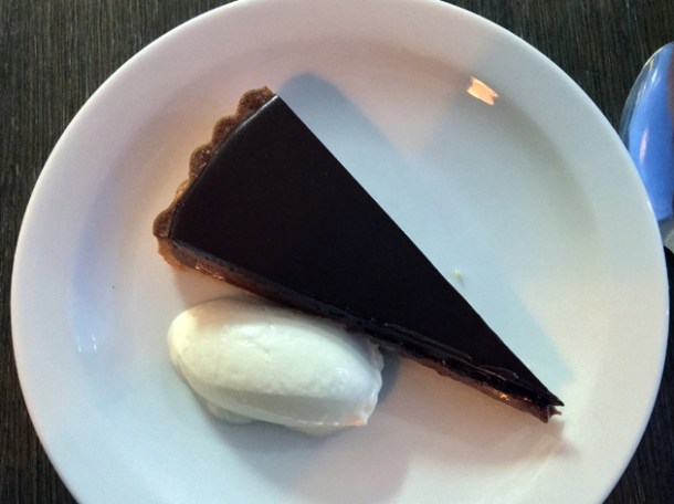 dark chocolate and caramel tart at sparrow