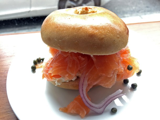 smoked salmon bagel at monty's deli
