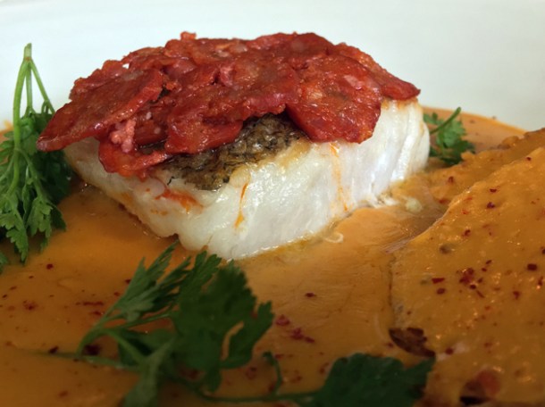 hake with chorizo in crab bisque at the wigmore