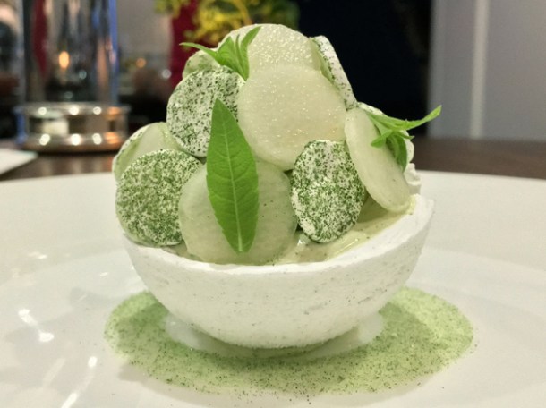 pear sorbet in meringue at core by clare smyth