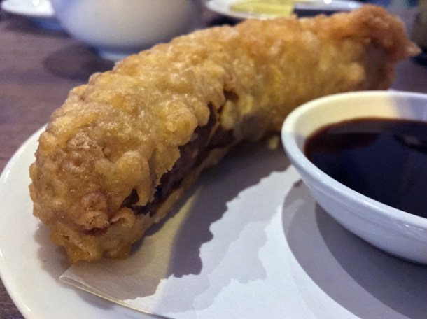 battered fried sausage at gilly's fry bar