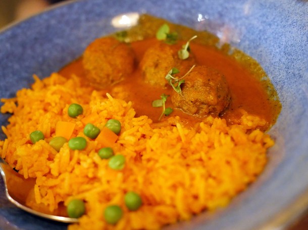 chipotle meatballs with rice at santo remedio