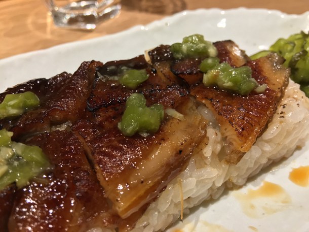 pressed grilled eel nigiri rolls at sushi atelier