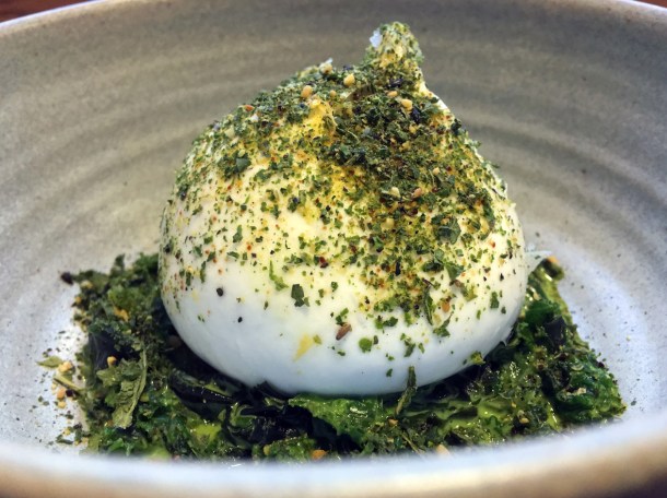 burrata with kale and seaweed at two lights