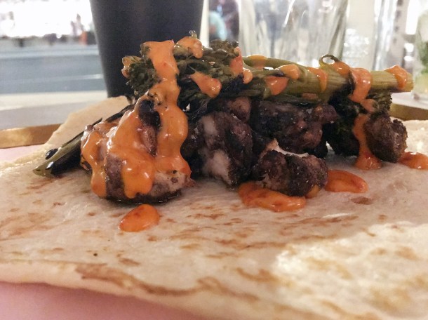 chicken shish kebab with broccoli at maison bab