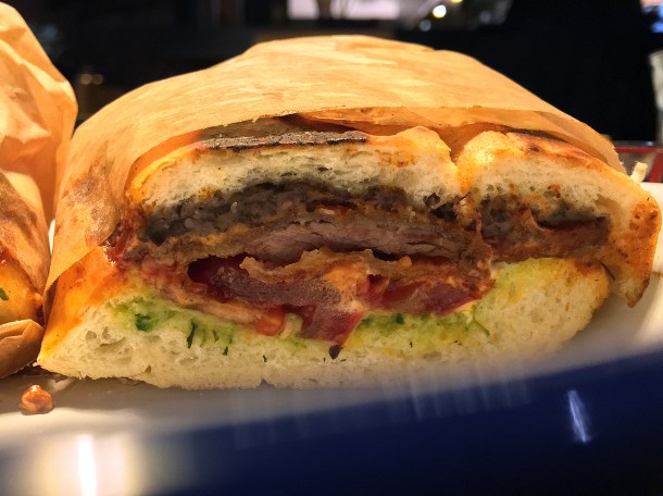 flank steak milanese torta sandwich at plaza pastor